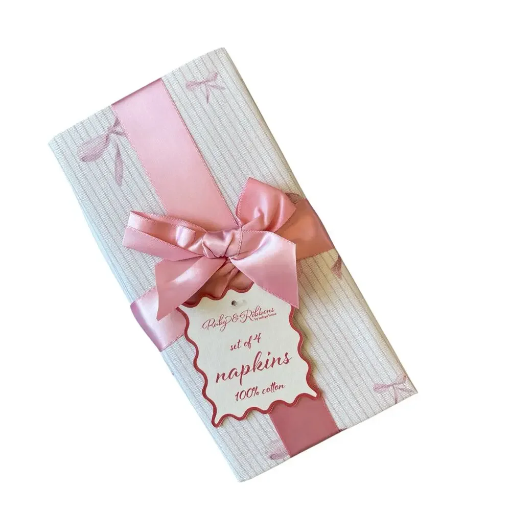 INDIGO Pink Bow Pinstripe Cotton Dinner Napkins 18x18 Set of 4 NEW